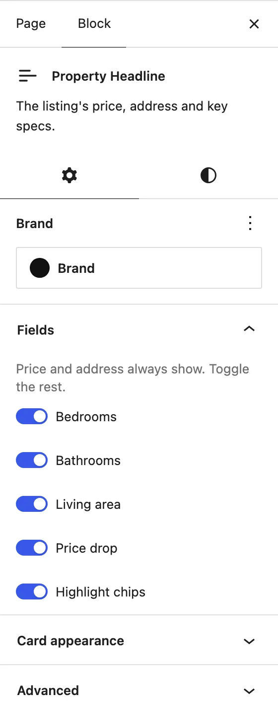 The Property Headline block’s inspector Settings tab, showing the Brand colour control, per-field toggles, and the Card appearance and Advanced panels.