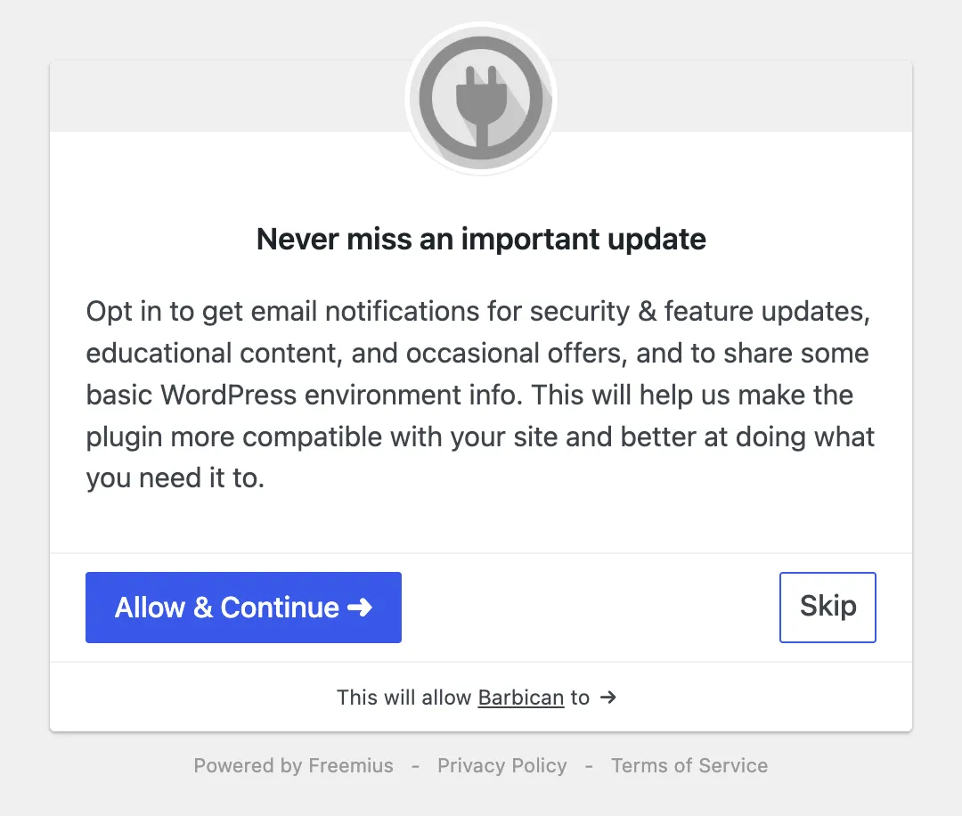 The Freemius opt-in screen shown after activating Barbican, with “Allow & Continue” and “Skip” buttons.