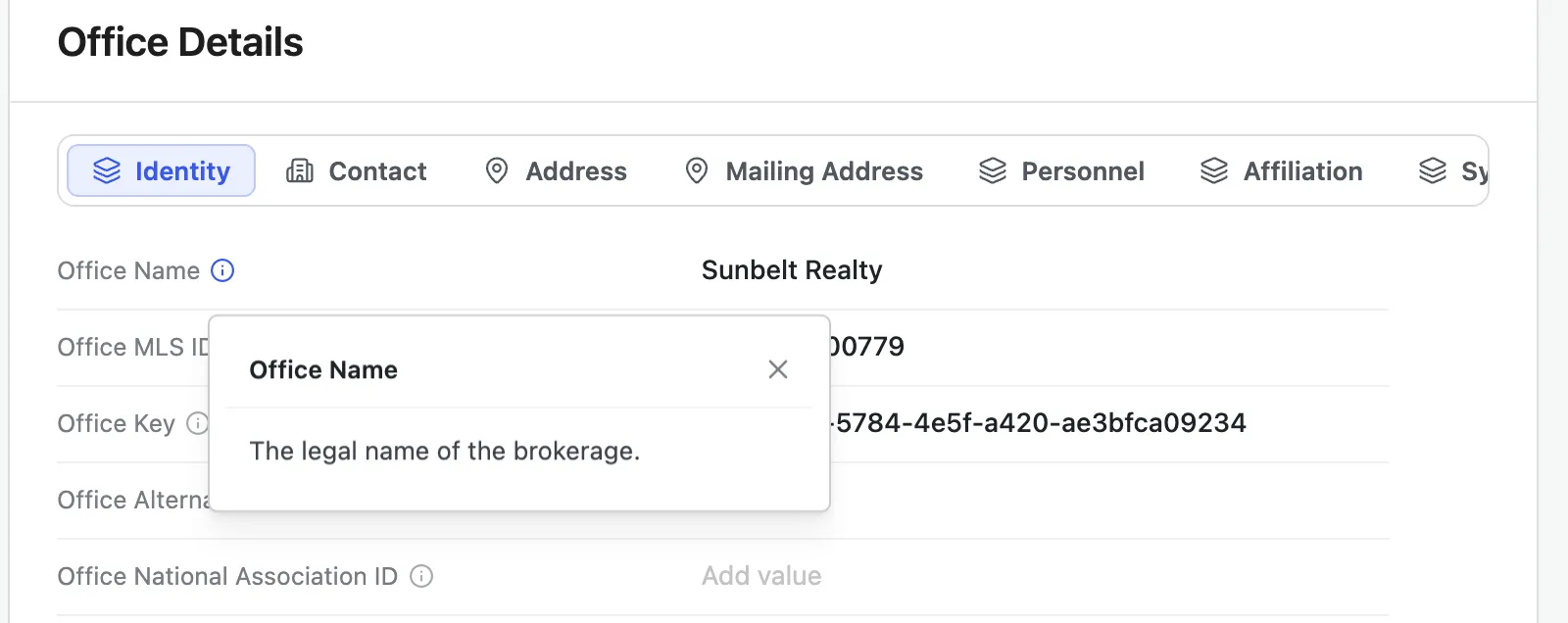 A field’s info tooltip open, showing the RESO Data Dictionary description.