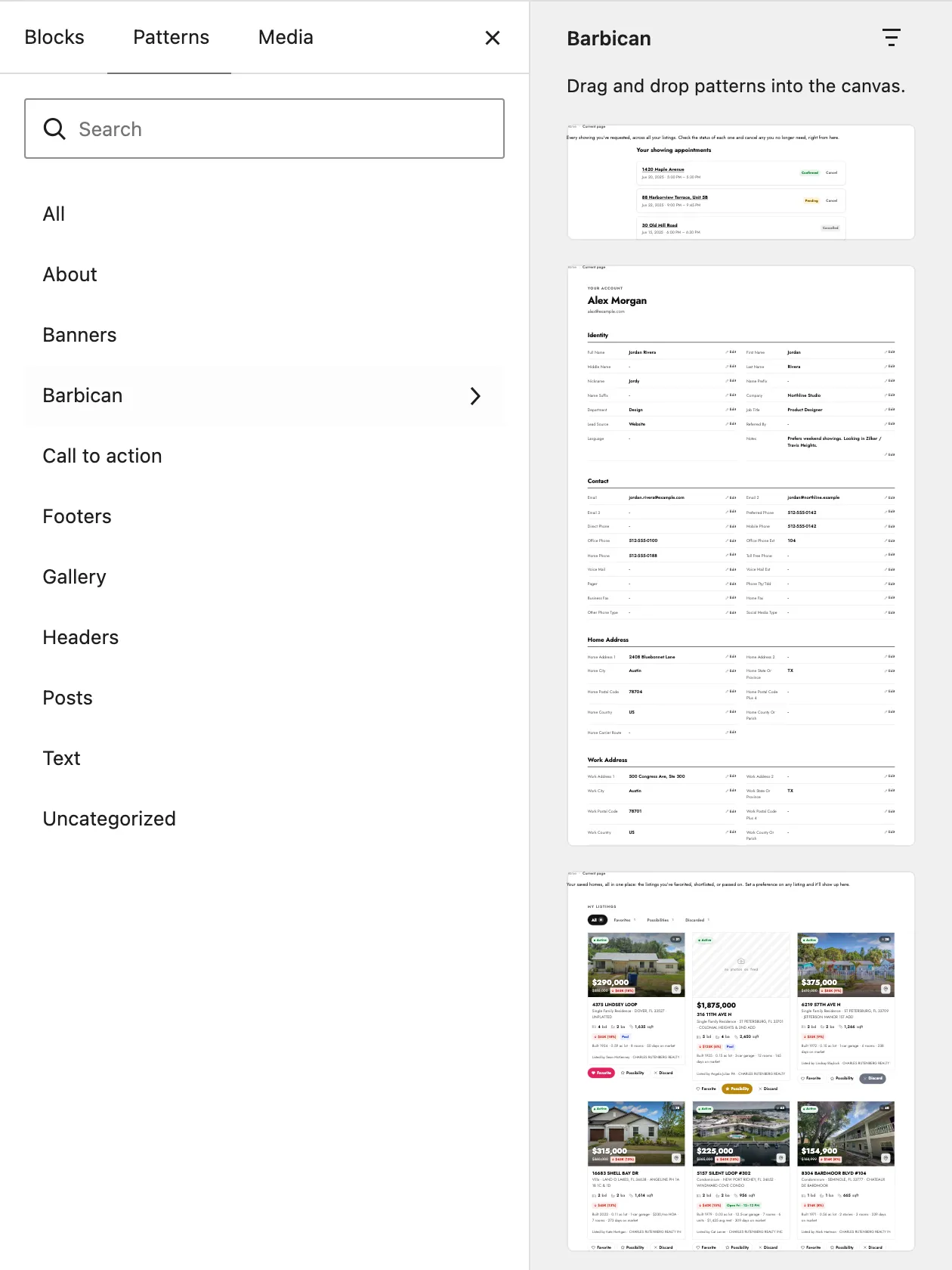 The block inserter’s Patterns tab with the Barbican category selected, showing previews of the Barbican page patterns.