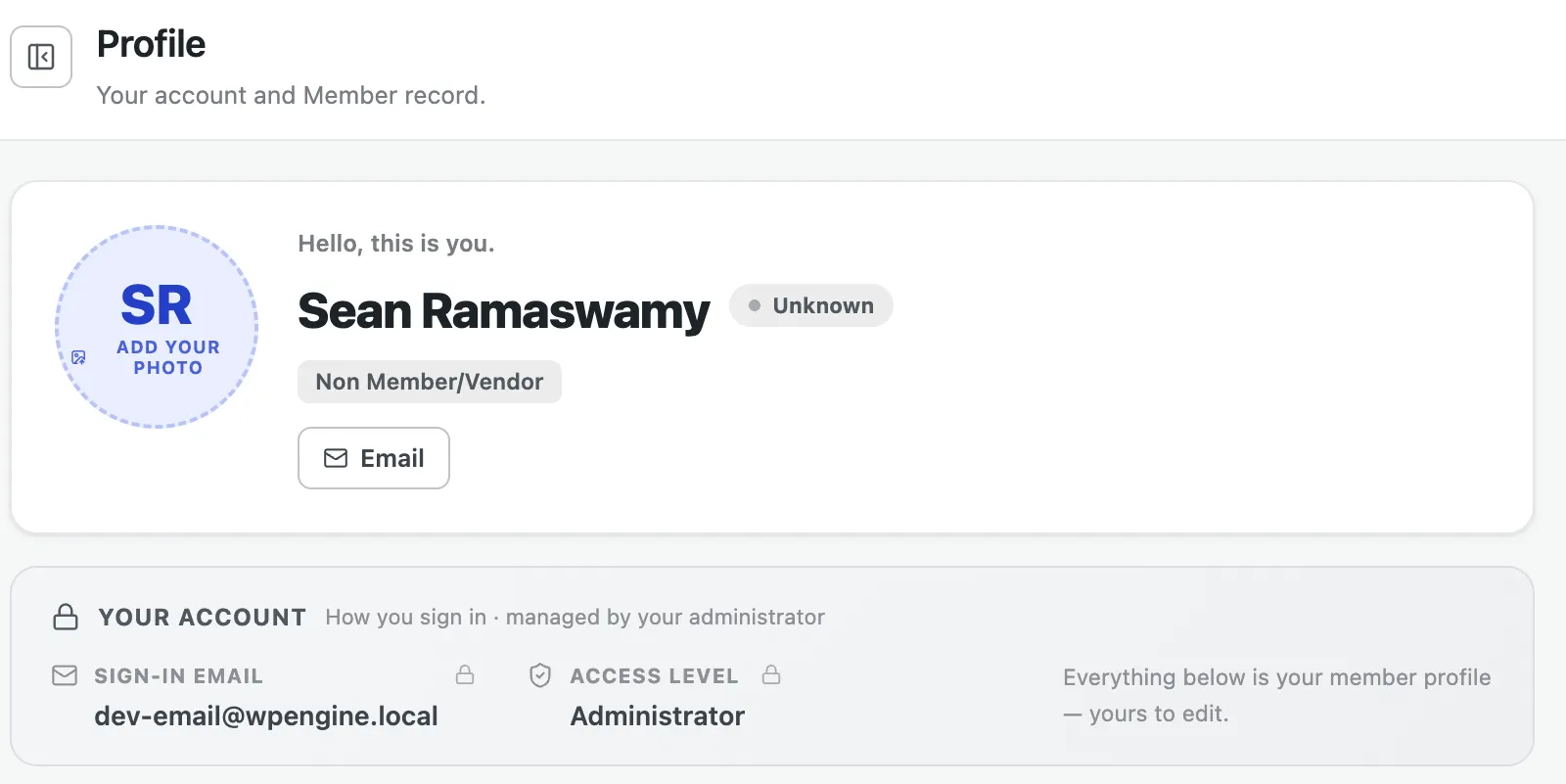 The Profile page header and the read-only “Your Account” panel.