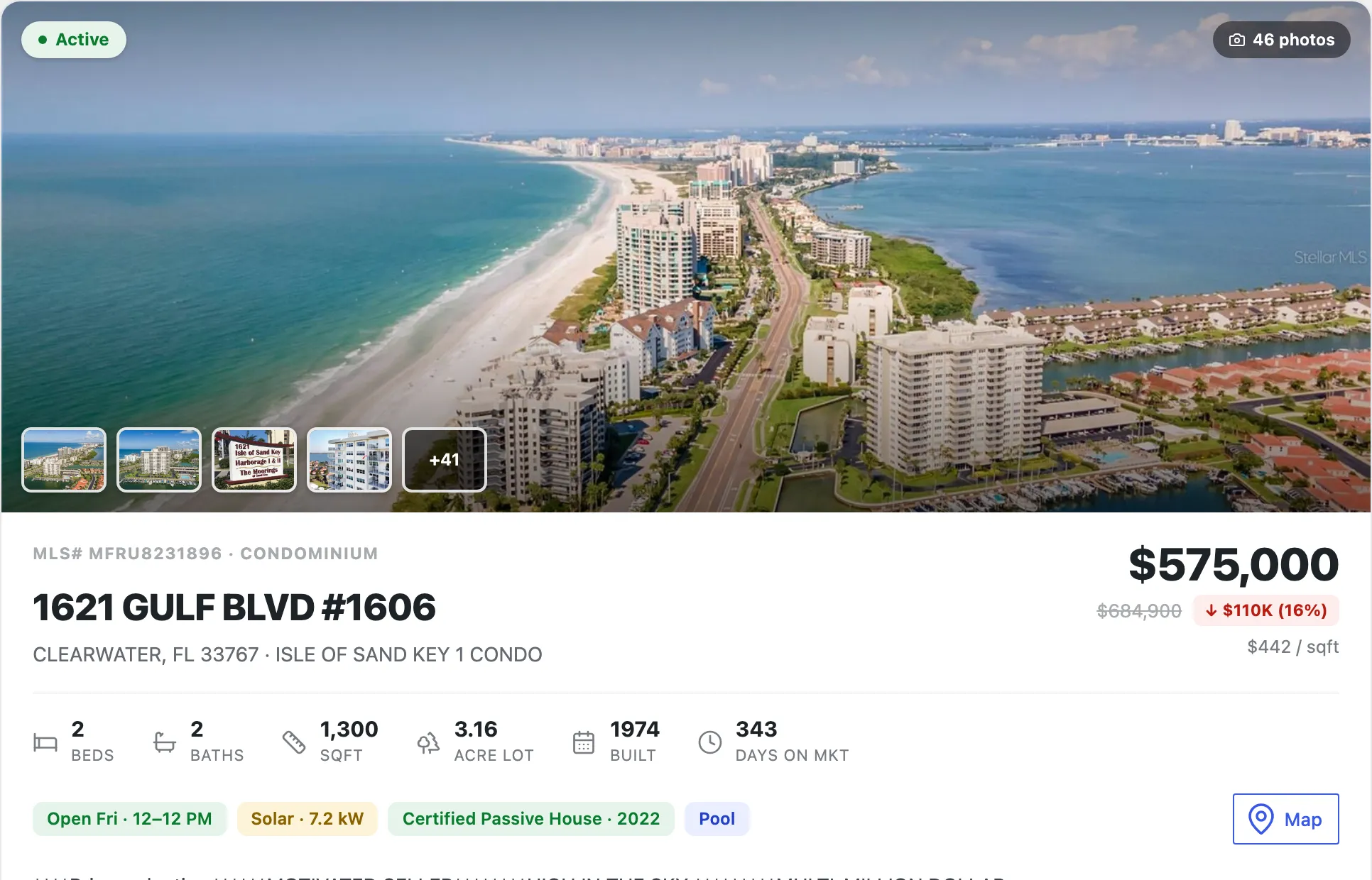The Property hero — photo gallery, price with a price-drop, key stats, and highlight badges.