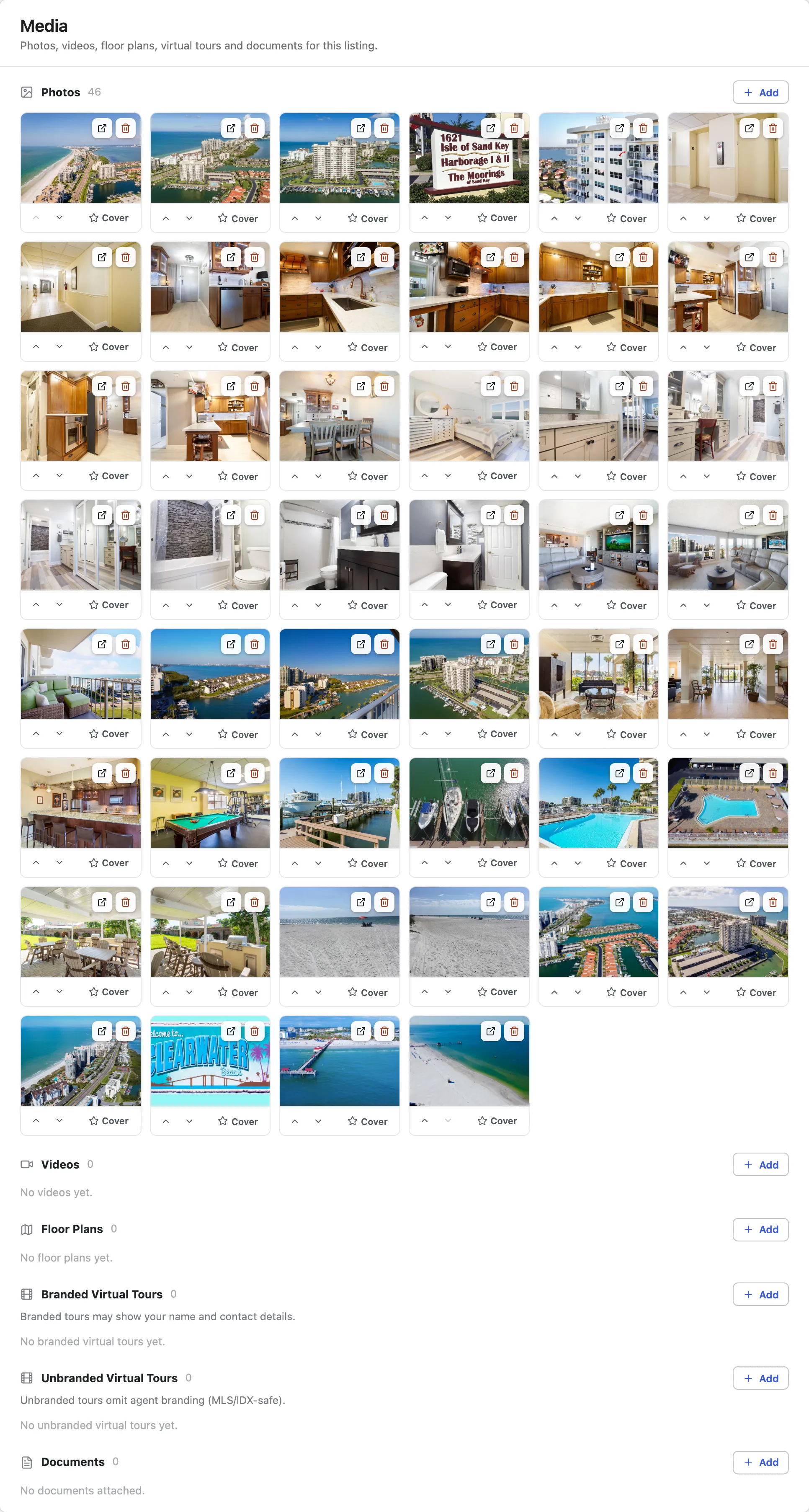 The Media band — the photo grid with cover/reorder controls, and the other media categories.