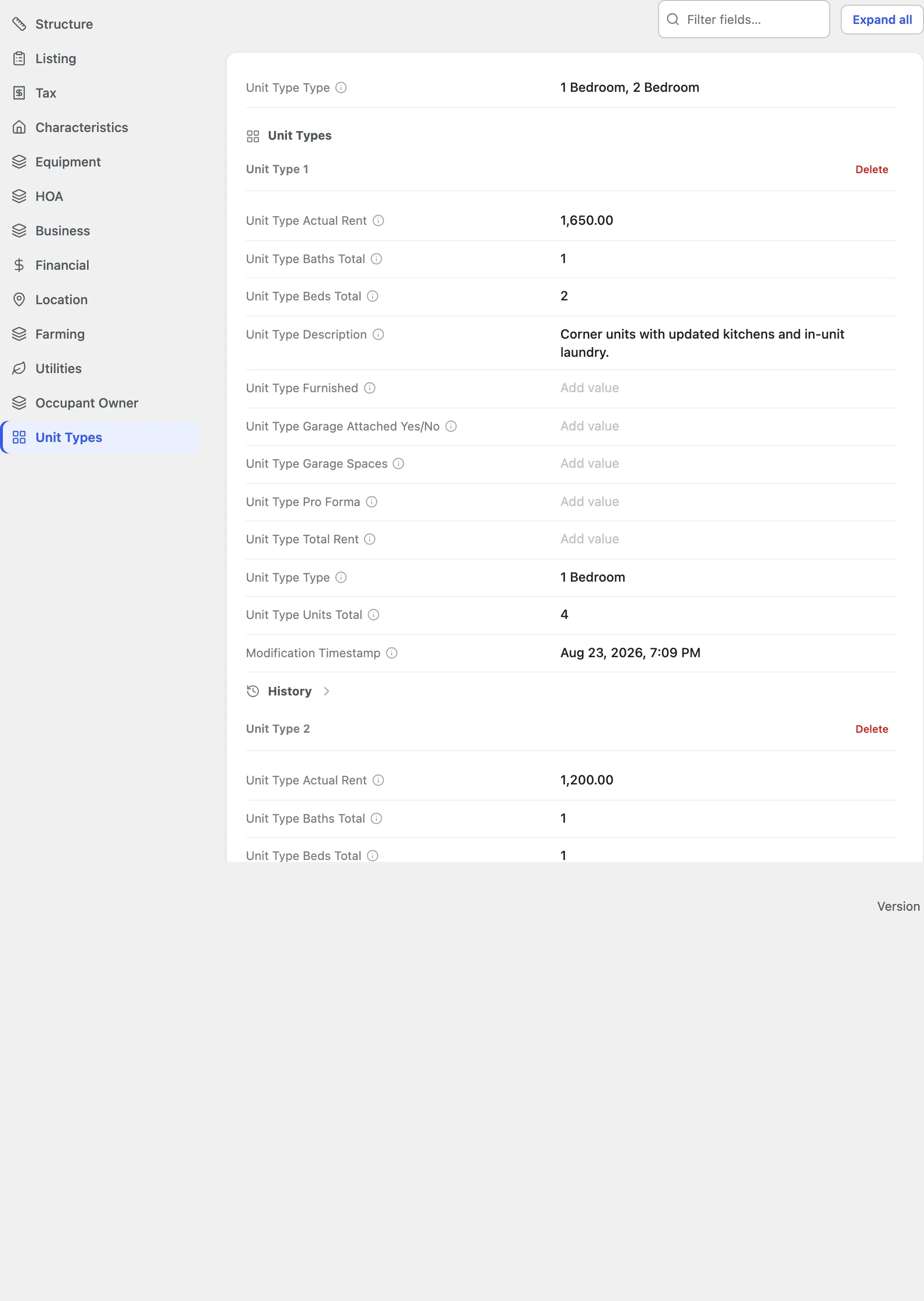 The Unit Types tab, showing the unit-type collection with per-record fields.