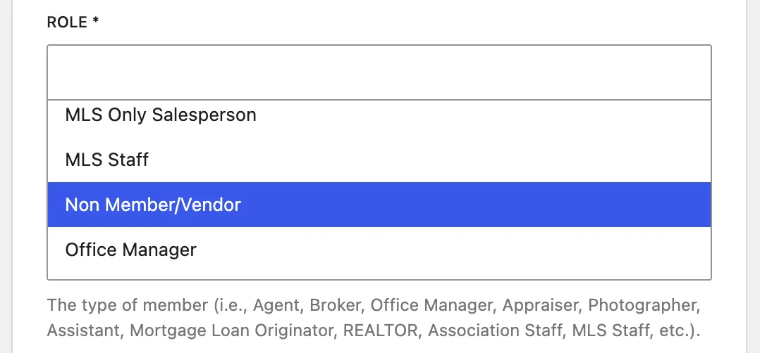 The Role dropdown open, showing options including “Non Member/Vendor” highlighted.