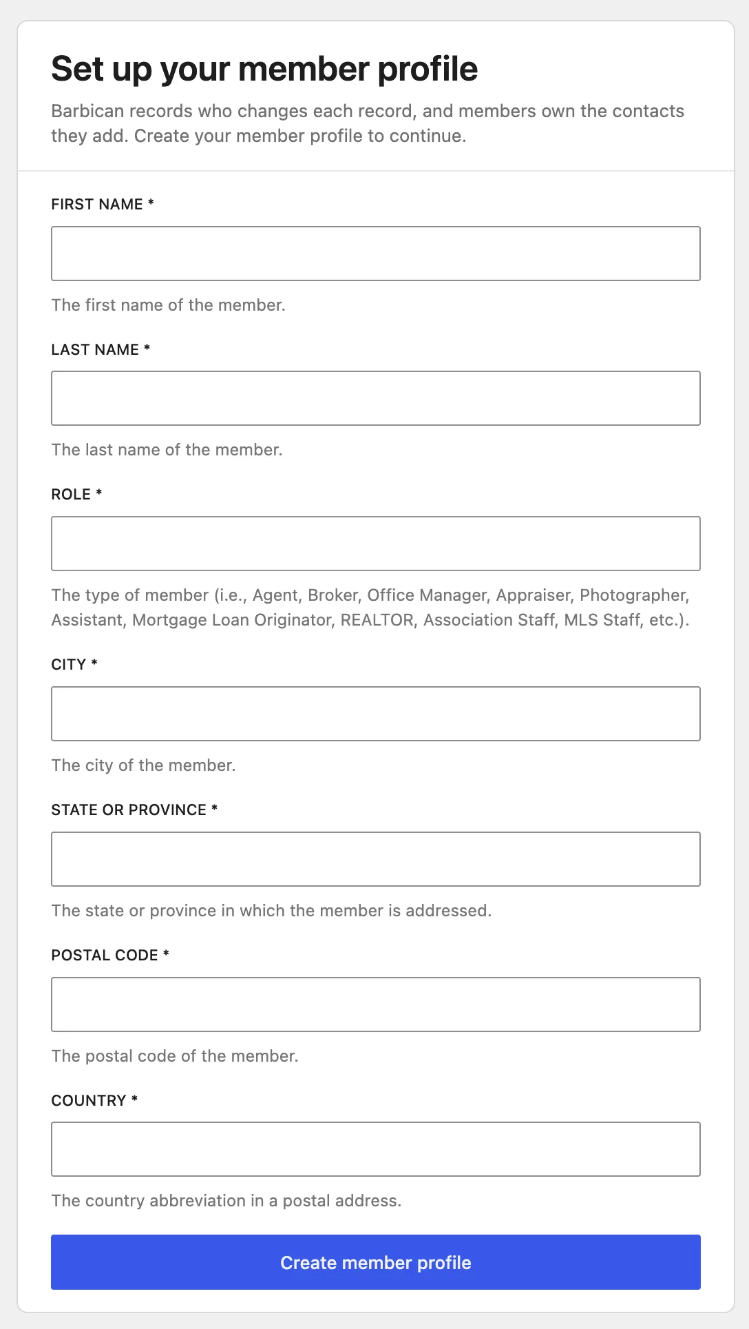 The “Set up your member profile” screen, with fields for name, role, and address.